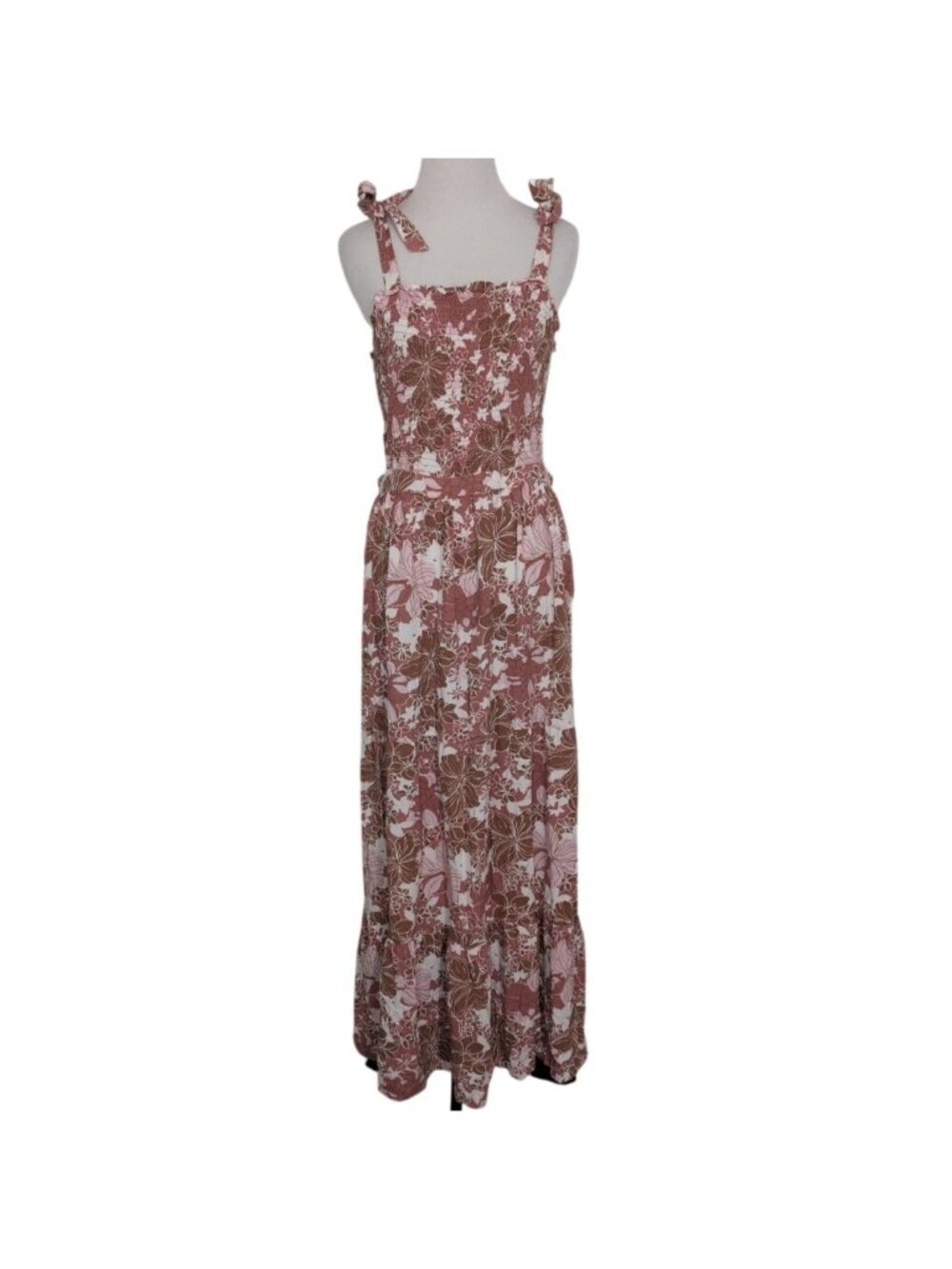 Japna Floral Cut Out Maxi Dress Womens Size XL Pink Smocked Tiered Boho Cottage